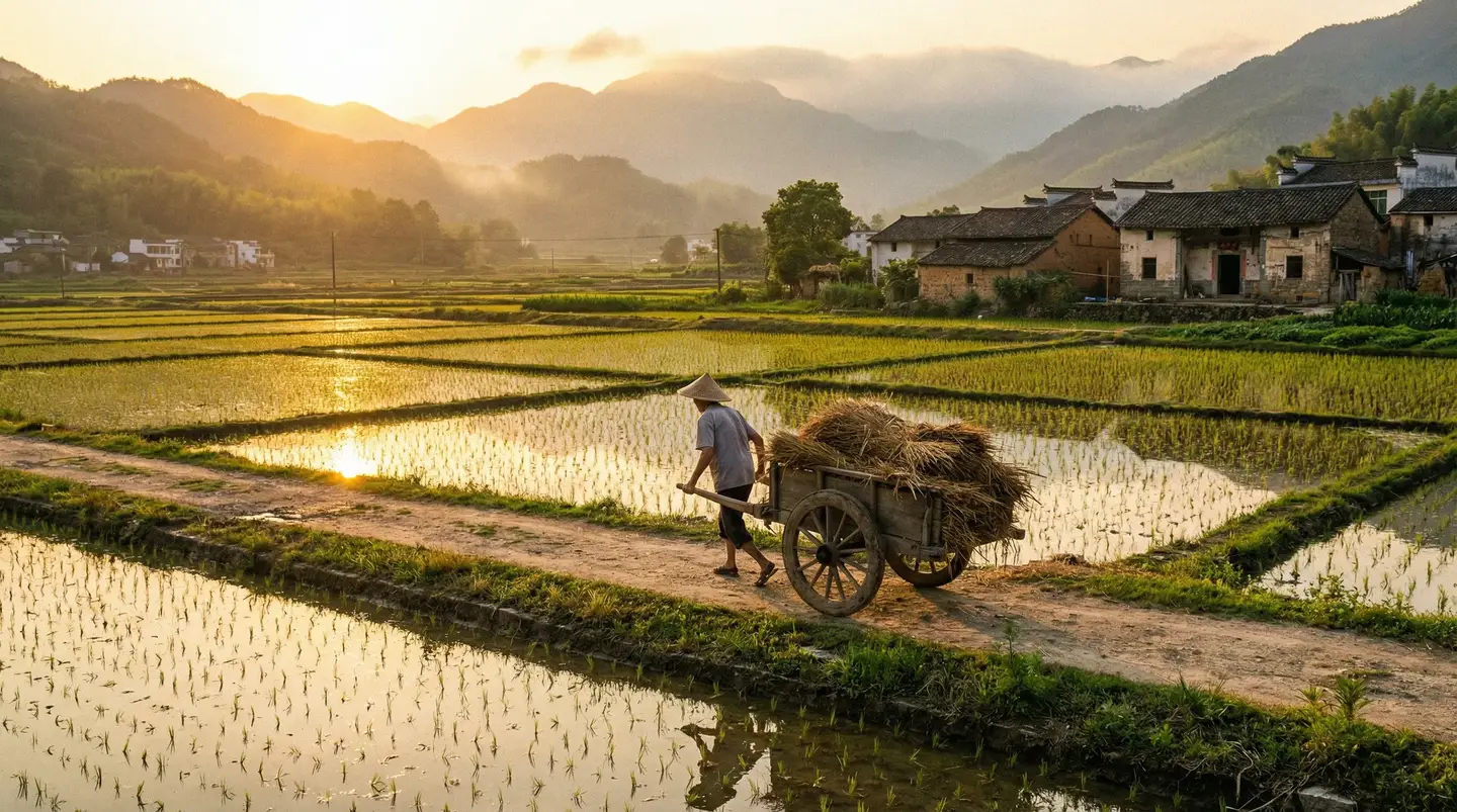 YELLOW2019在线观看 - 金色夕阳下的乡村田野，老农推着木车行走在田埂上